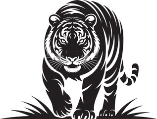 Powerful Silhouette of a Tiger Walking Through Tall Grass with Intense Gaze Vector Art