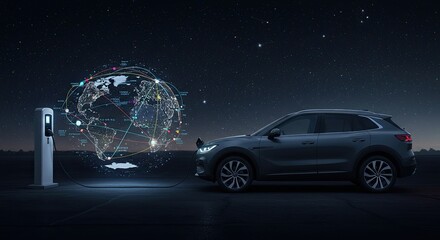 Electric vehicle charging at station with global network connection concept