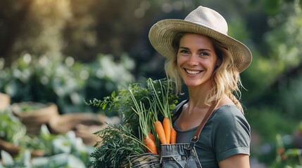 A smiling woman farmer wearing a straw hat, holding a basket with fresh carrots in her garden, showcasing the beauty of organic farming and healthy eating