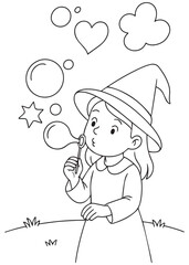 Coloring book witch blowing magic bubbles in the air