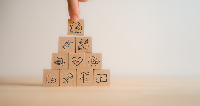 Health and longevity, longevity economy concept. Wooden blocks with icons related to health, genetics, aging and longevity. A holistic approach to a healthy lifestyle and extended life expectancy.