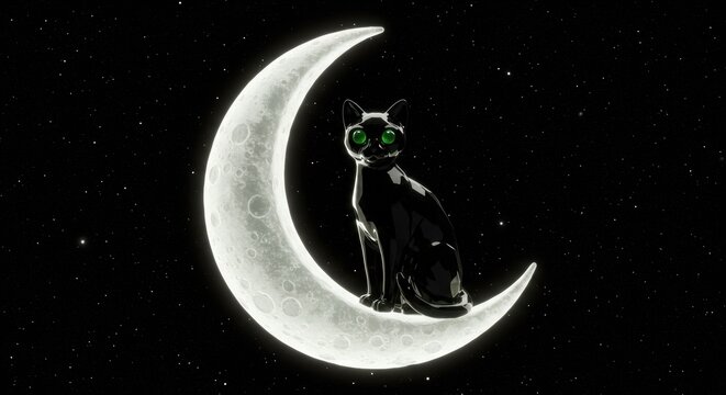Mysterious black cat with glowing green eyes rests on a crescent moon against a starry night sky.