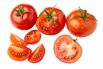 Fresh ripe tomatoes isolated on white background showing whole and sliced healthy vegetables