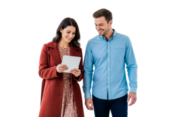 Smilling man and women holding tablet isolated on white
