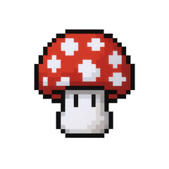 Iconic Pixelated Red Mushroom with White Spots, Evoking Nostalgic Retro Gaming Aesthetics