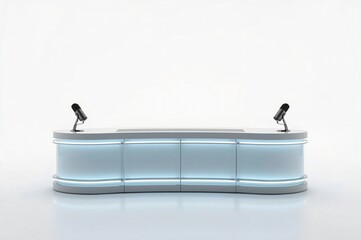 Modern studio news desk, lit, white backdrop, broadcast