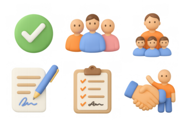 3d icons of teamwork and tasks with checklists and handshake
