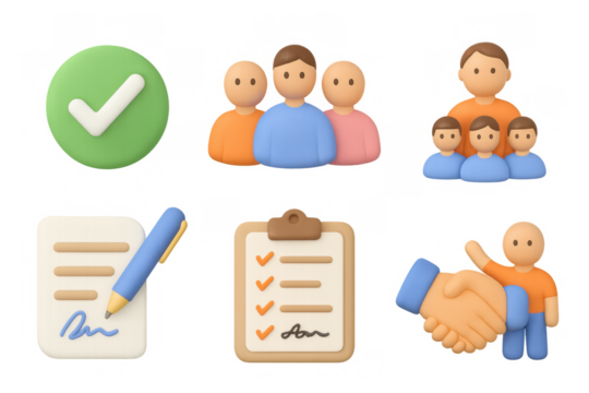 3d icons of teamwork and tasks with checklists and handshake