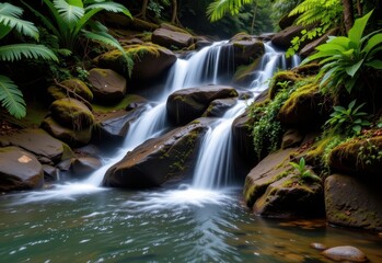 Naklejka premium waterfalls support amphibian breeding by providing oxygen rich water and suitable microhabitats critical for tropical rainforest ecosystem sustainability.
