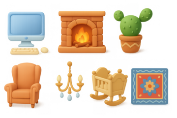 Cozy 3d interior icons set featuring fireplace, cactus, and rocking cradle