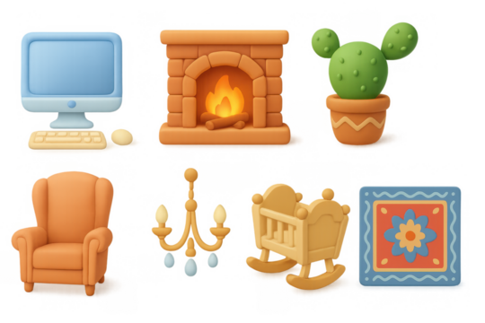 Cozy 3d interior icons set featuring fireplace, cactus, and rocking cradle