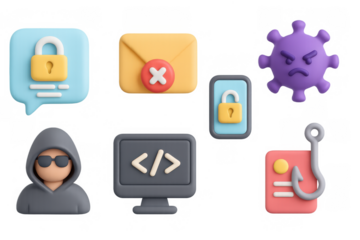 Cybersecurity icons set with technology and threat elements in 3d style