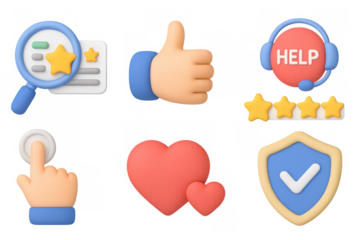 Trendy 3d icon set: magnifying glass, thumbs up, help button, rating, heart, and shield