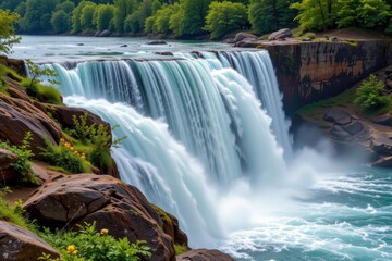 Fototapeta premium waterfalls generate energy by using the force of falling water to turn turbine blades which then spin generators creating electricity that can power homes industries and cities sustainably.