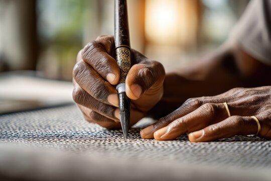 A close-up of a batik artisan hands drawing a traditional parang pattern onto fabric using a canting tool filled with hot wax