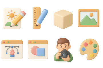 3d art tools and creativity icons set in modern cartoon style