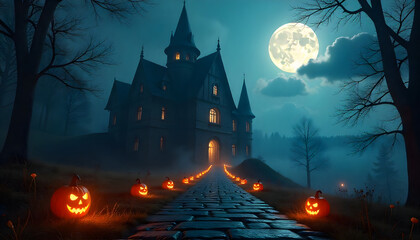 Fototapeta premium Spooky Halloween night scene: A captivating illustration of Halloween night. Illuminated pumpkins guide the path toward the haunted castle, with the glowing moon enhancing the mystical ambiance. 