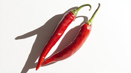 Isolated image of red chili with dramatic shadow on white, creating visual depth and focus on spicy detail