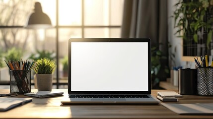 Laptop with a blank white screen placed on a wooden desk, surrounded by office supplies and natural lighting