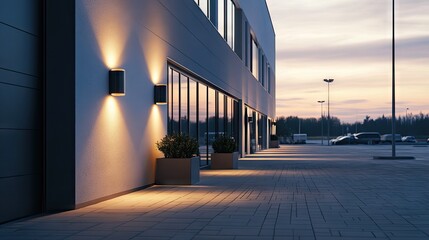 LED wall light on a commercial building, highlighting entrance during twilight