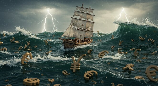Ship navigating stormy ocean of currency symbols under lightning skies
