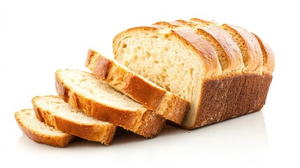 Loaf of bread cut into thick slices, isolated on white, emphasizing the fluffy interior and crust details