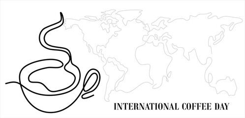 International Coffee Day World Map with Coffee Cup. Art. line icon-continuous line drawing. Editable stroke.