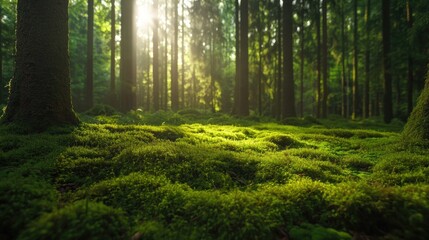 Obraz premium Lush green moss covering the forest floor, glowing softly in dappled sunlight filtering through tall trees