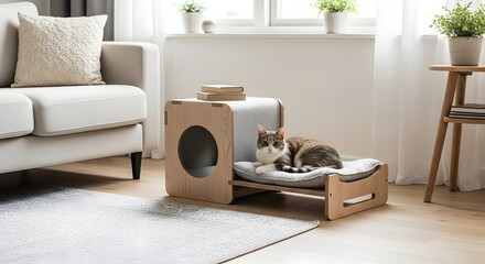 Tabby cat resting on a modern wooden cat bed with a cube shaped house in a bright living room setting