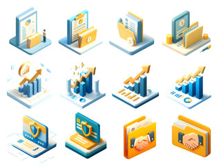 Fototapeta premium Set of vibrant 3D graphics showcasing business, finance, growth, and data security concepts with engaging visual elements and attractive color schemes suitable for diverse professional themes