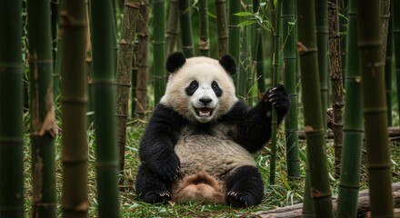 Adorable giant panda playing in lush bamboo forest, raising paw playfully