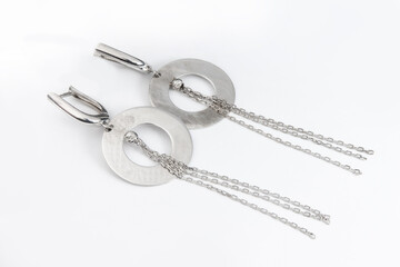 Luxury silver round earrings big jewelry for women isolated on white background, clipping path included