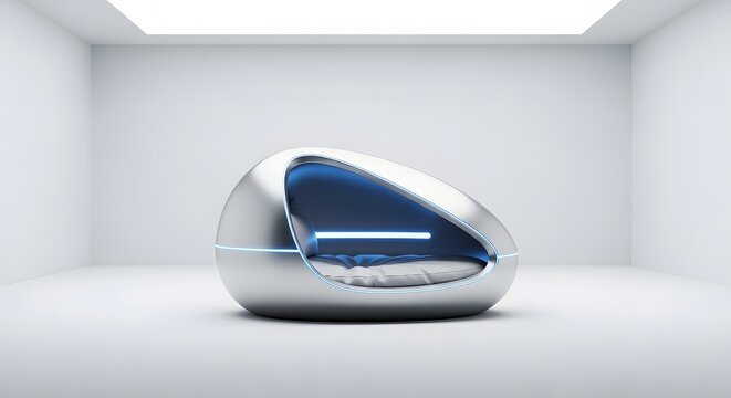 A futuristic silver pod bed with blue lighting in a white room, minimalist and modern design concept