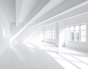 Obraz premium Minimalist white room bathed in sunlight from large windows creating bright space