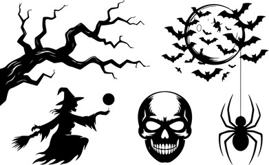 Halloween silhouettes Haunted Branch Witch’s Spell Bat Swarm Moonlight Skull Spider Climb Scary Shadow