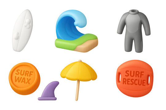 Beach adventure: summer icons featuring surf and lifeguard elements in 3d style