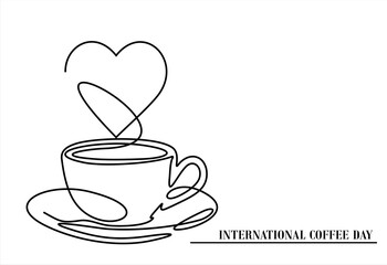 Coffee Cup Heart Steam - International Coffee Day. Art. line icon-continuous line drawing. Editable stroke. 