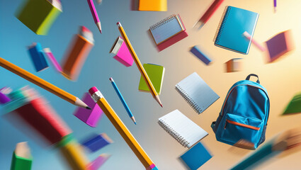A vibrant array of school supplies floats in midair, creating a dynamic and colorful composition perfect for backtoschool promotions and educational themes