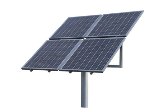 Four solar panels on pole isolated on a transparent background photovoltaic energy