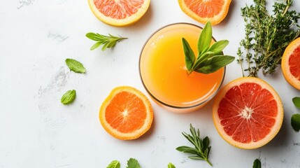 Minimalist shot of a glass of detox juice with sliced fruits and herbs artfully arranged beside it