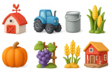 Colorful farm icons set featuring barn, tractor, and crops in 3d cartoon style