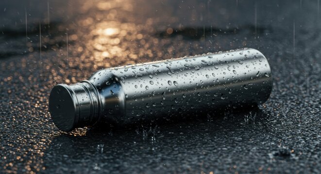Sleek metallic water bottle glistening with rain droplets on wet pavement, warm bokeh background