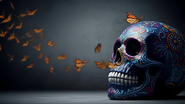 Day of the Dead skull art with monarch butterflies. Dia de los Muertos animation, cultural celebration visuals, memorial, altar d&eacute;cor, festive designs, remembrance, holiday season events. 