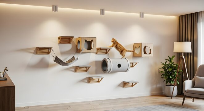 Ginger cat exploring wall mounted cat furniture in a modern living room with natural light and decor - Powered by Adobe