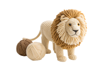 Beautiful crocheted lion with yarn balls featuring detailed golden brown mane work, isolated on a transparent background