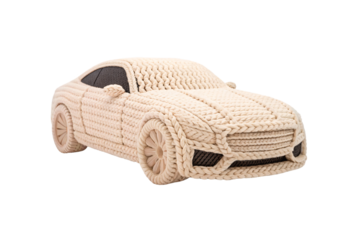 Handcrafted cream-colored rope car with detailed wheels and grille work, isolated on a transparent background