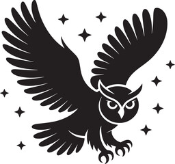 Silhouette Owl Flying at Night with Stars Vector Illustration for Wildlife and Nature Designs