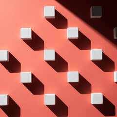 Geometric pattern of white cubes casting shadows on a coral background