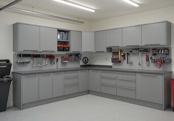 Well organized garage with gray cabinets and tools hanging on the wall
