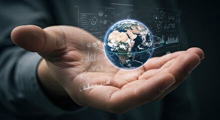A hand holding a digital Earth globe with data visualizations hovering above